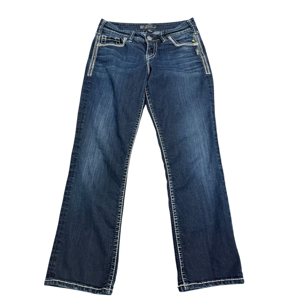 Silver Jeans Co Y2K Suki Mid Flap Crop Dark Wash Curvy Thick Stitch Jeans W29